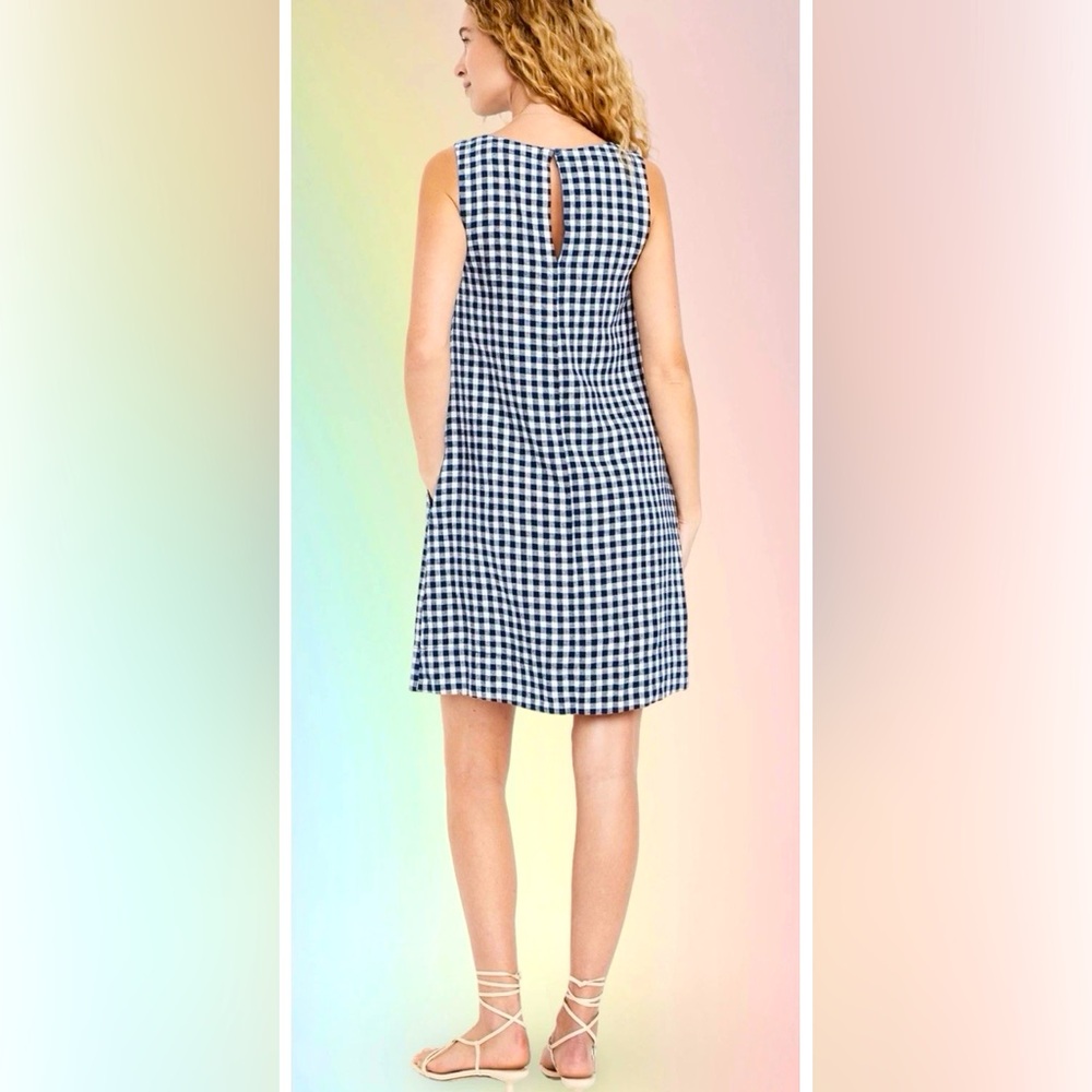 NWTSđGAP OLD NAVY XLđSLEEVELESS BOATNECK LINEN BLUE GINGHAM DRESS KEYHOLE BACK - Picture 5 of 15